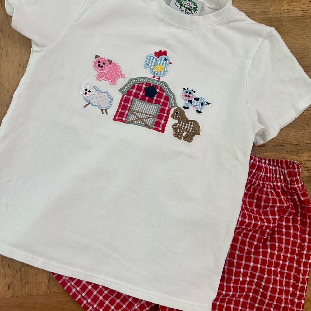 Cecil and Lou Embroidered Farm Animal Shirt with Matching Red Checkered Shorts